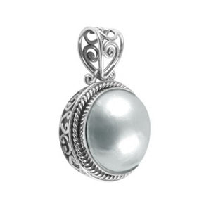 Sterling silver round pendant with Mabe Pearl and scrollwork design, handcrafted in Bali