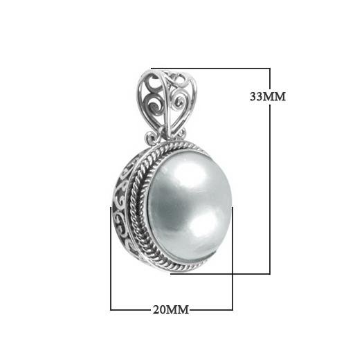 Sterling silver round pendant with Mabe Pearl and scrollwork design, handcrafted in Bali