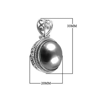 Sterling silver round pendant with Gray Mabe Pearl and scrollwork design, handcrafted in Bali