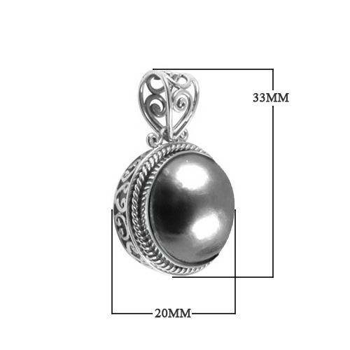 Sterling silver round pendant with Gray Mabe Pearl and scrollwork design, handcrafted in Bali