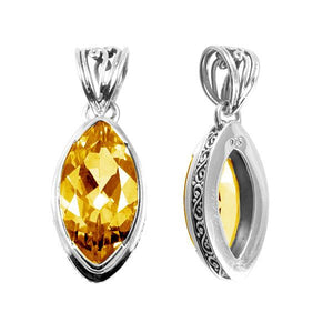 Citrine Quartz marquise pendant in sterling silver with Balinese scroll design, wholesale handcrafted jewelry from Bali.