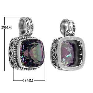 Mystic Topaz Quartz cushion pendant in sterling silver with Balinese scroll and beaded design, wholesale handcrafted jewelry from Bali.