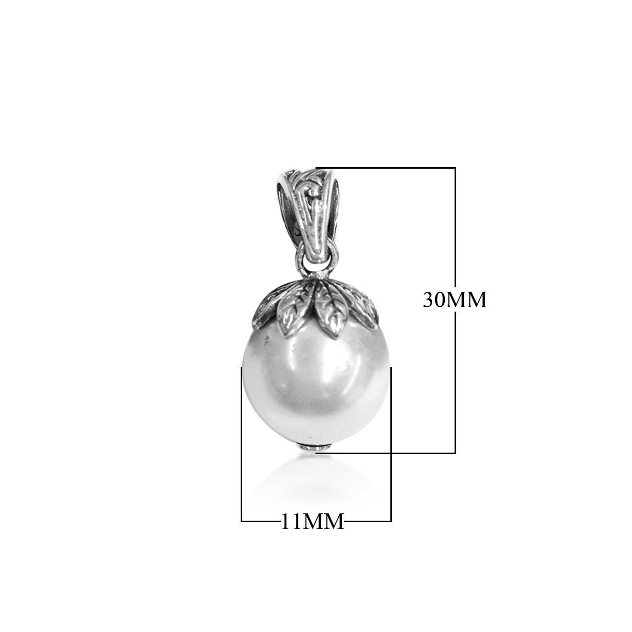 Shell Pearl round pendant in sterling silver with silver leaf cap, wholesale handcrafted jewelry from Bali.