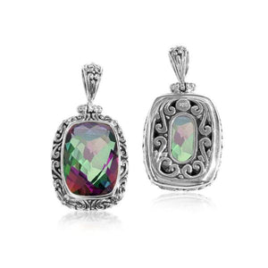 Mystic Topaz Quartz rectangular pendant in sterling silver with Balinese scroll design, wholesale handcrafted jewelry from Bali.