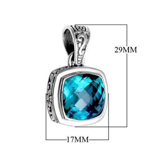 Wholesale Blue Topaz Quartz cushion-cut sterling silver pendant with Balinese scroll design, handcrafted in Bali.