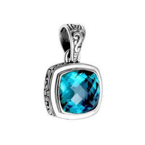 Wholesale Blue Topaz Quartz cushion-cut sterling silver pendant with Balinese scroll design, handcrafted in Bali.
