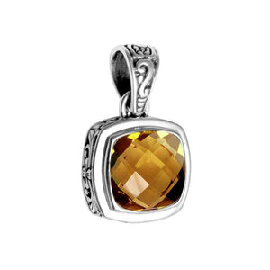 Wholesale Citrine Quartz cushion-cut sterling silver pendant with Balinese scroll design, handcrafted in Bali.