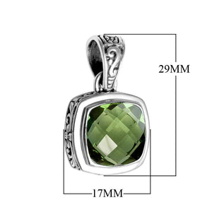 Wholesale Green Amethyst Quartz cushion-cut sterling silver pendant with Balinese scroll design, handcrafted in Bali.