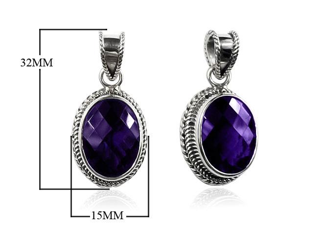 Sterling Silver Oval Amethyst Quartz Pendant with rope bezel handcrafted in Bali