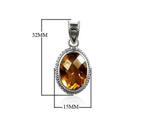 Sterling Silver Oval Citrine Quartz Pendant with rope bezel handcrafted in Bali