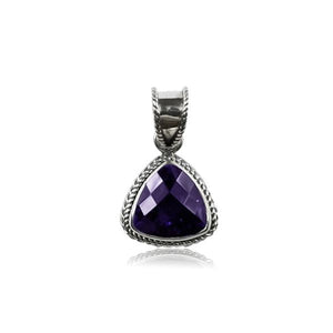 Sterling Silver Trillion Amethyst Quartz Pendant with rope bezel handcrafted in Bali