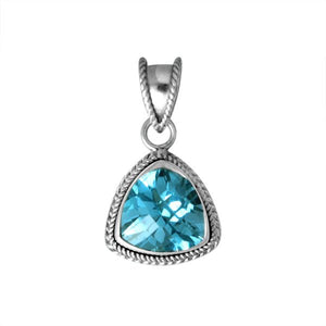 Sterling Silver Trillion Blue Topaz Quartz Pendant with rope bezel handcrafted in Bali