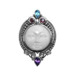 Sterling Silver Moon Face Pendant with Amethyst, Blue Topaz, and Garnet Quartz handcrafted in Bali