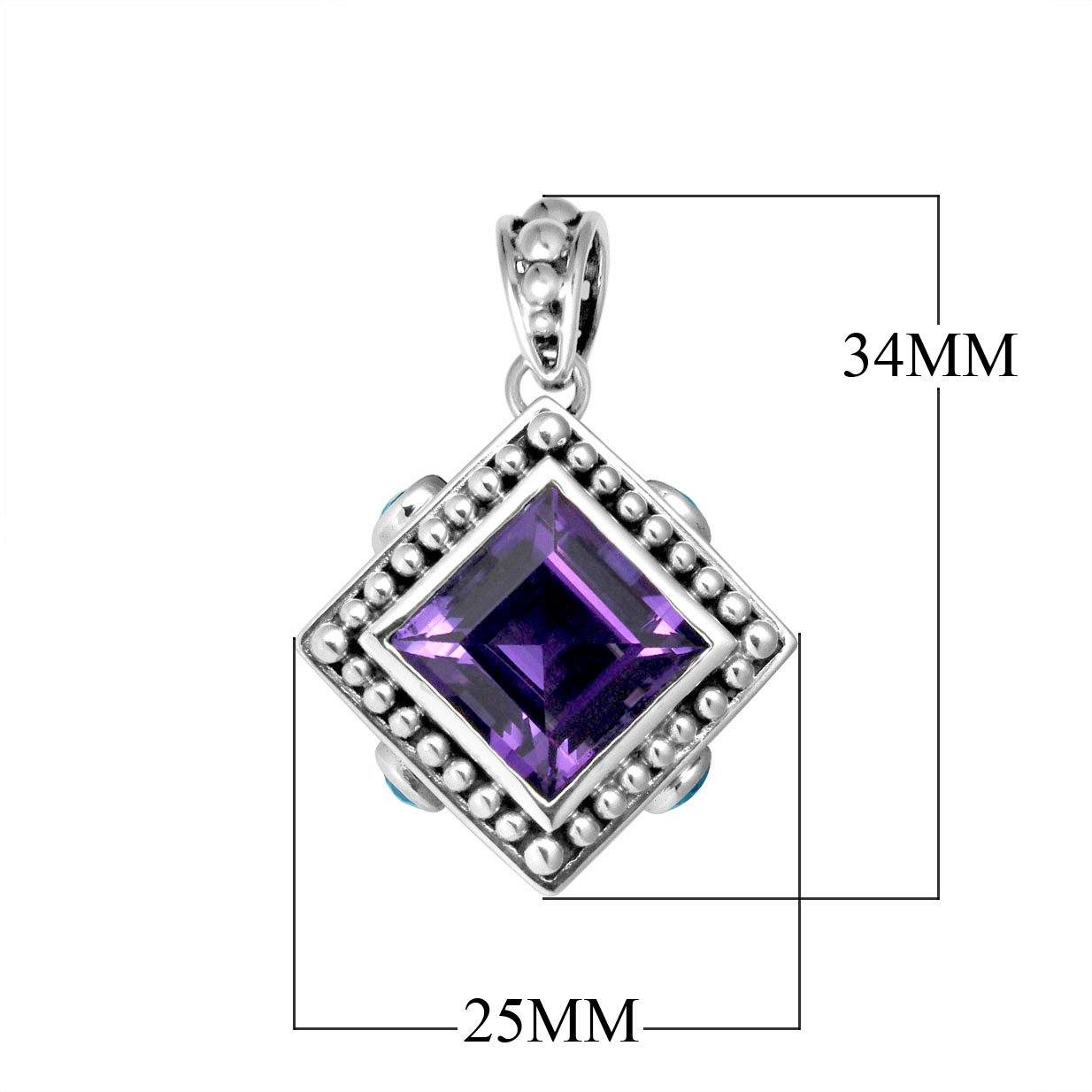 Sterling Silver Square Pendant with Amethyst Quartz and Blue Topaz Quartz handcrafted in Bali