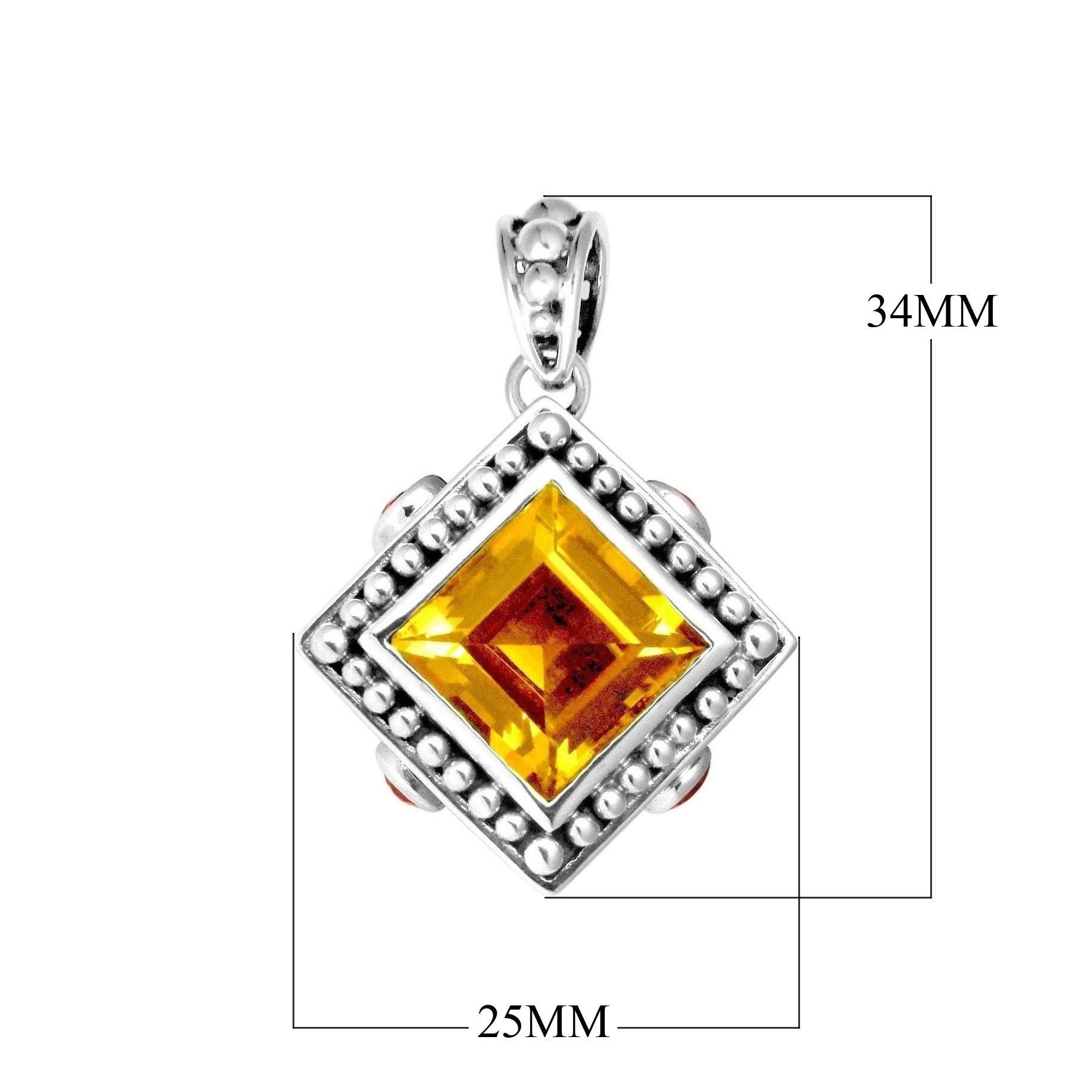 Sterling Silver Square Pendant with Citrine Quartz and Garnet Quartz handcrafted in Bali