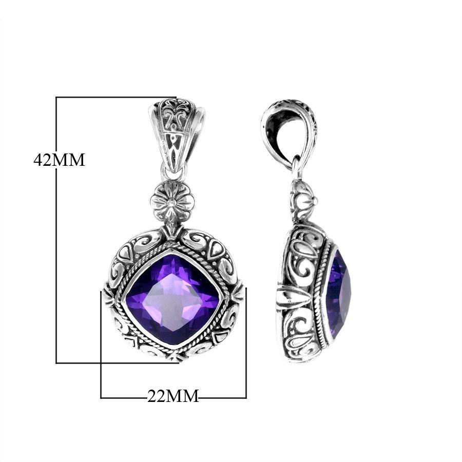 Sterling Silver Ornate Amethyst Quartz Cushion Pendant with Balinese detailing handcrafted in Bali
