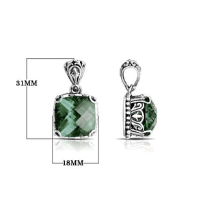 Sterling silver pendant with cushion-cut green amethyst quartz, handcrafted in Bali with bead and scroll detailing.