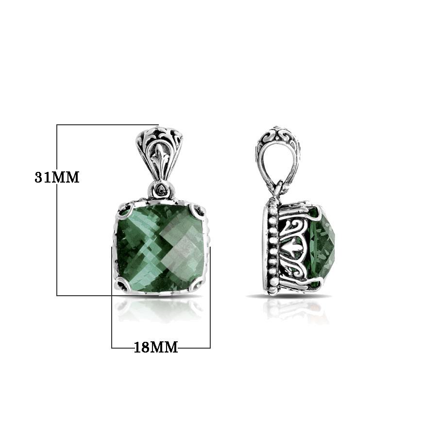 Sterling silver pendant with cushion-cut green amethyst quartz, handcrafted in Bali with bead and scroll detailing.