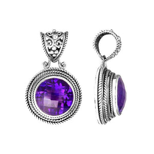 Wholesale sterling silver pendant with round Amethyst Quartz and ornate Balinese bail.