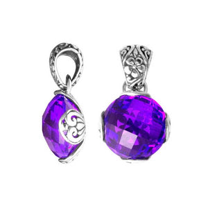Wholesale sterling silver pendant with faceted Amethyst Quartz and floral swirl silver detailing, handcrafted in Bali.
