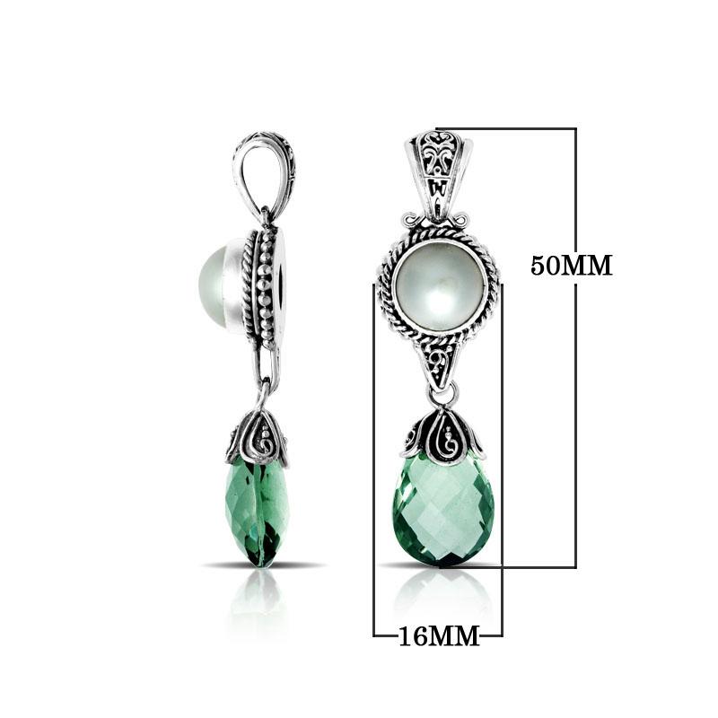 Wholesale silver pendant with Mabe pearl and green quartz drop, handcrafted in Bali.
