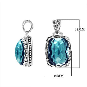 Blue Topaz Quartz cushion-cut pendant in sterling silver with Balinese handcrafted detailing, wholesale jewelry.