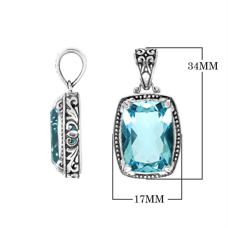 Blue Topaz Quartz rectangular pendant in 925 sterling silver with Balinese handcrafted detailing, wholesale jewelry.