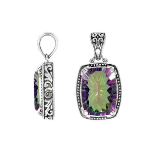 Mystic Topaz Quartz rectangular pendant in 925 sterling silver with Balinese handcrafted detailing, wholesale jewelry.