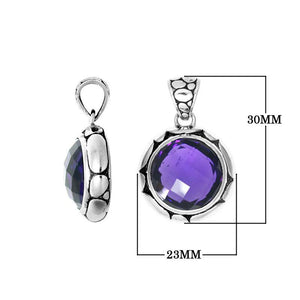 Amethyst Quartz round pendant in 925 sterling silver with Balinese handcrafted detailing, wholesale jewelry.