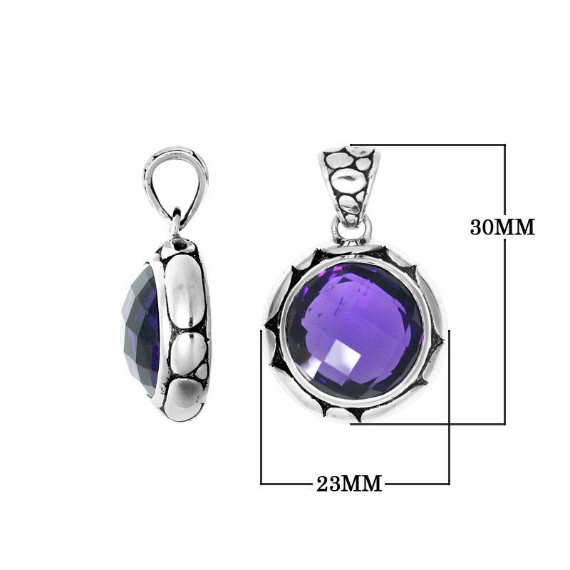 Amethyst Quartz round pendant in 925 sterling silver with Balinese handcrafted detailing, wholesale jewelry.