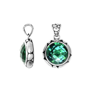 Green Quartz round pendant in 925 sterling silver with Balinese handcrafted detailing, wholesale jewelry.