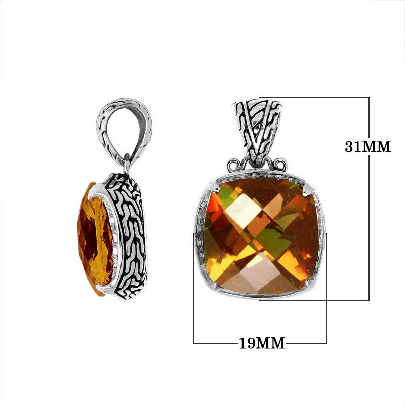 Citrine Quartz cushion-cut pendant in polished 925 sterling silver featuring a radiant golden hue and detailed textured frame design for elegant wholesale jewelry collections.