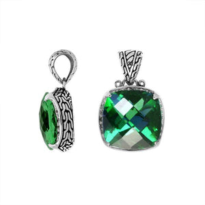 Green Quartz cushion pendant in 925 sterling silver with Balinese handcrafted detailing, wholesale jewelry.