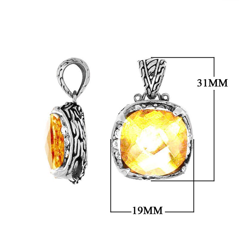 Sterling silver lemon quartz cushion pendant with cubic zirconia accents and oxidized finish