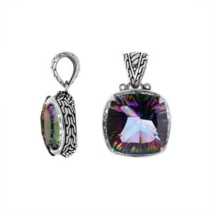 Mystic Topaz Quartz cushion pendant in 925 sterling silver with Balinese handcrafted detailing, wholesale jewelry.