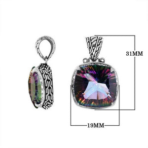 Mystic Topaz Quartz cushion pendant in 925 sterling silver with Balinese handcrafted detailing, wholesale jewelry.