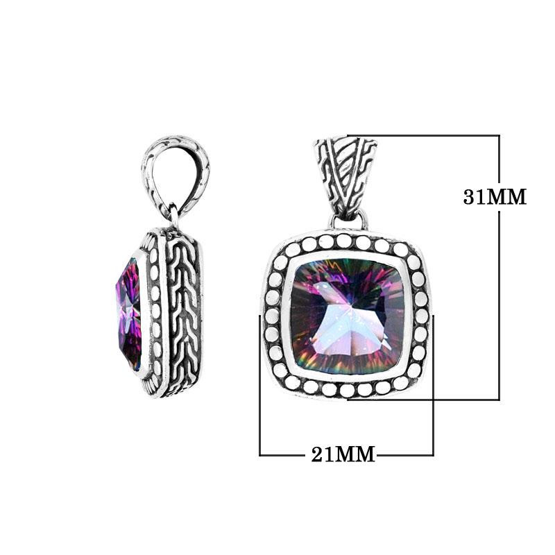 Mystic Topaz Quartz cushion pendant in sterling silver with Balinese handcrafted detailing, wholesale jewelry.