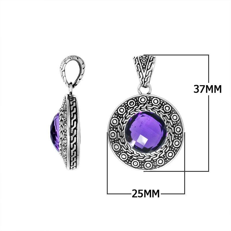 Amethyst Quartz round pendant in sterling silver with Balinese handcrafted engraved frame, wholesale jewelry.