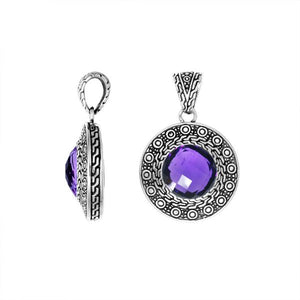 Amethyst Quartz round pendant in sterling silver with Balinese handcrafted engraved frame, wholesale jewelry.