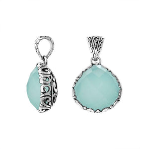 Wholesale Green Chalcedony Quartz Pendant in 925 Sterling Silver, handcrafted in Bali with artisan Balinese scrollwork design