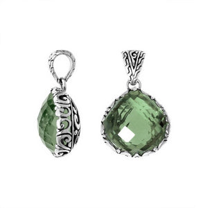 Wholesale Green Amethyst Quartz pendant in 925 sterling silver, handcrafted in Bali with ornate Balinese scrollwork.
