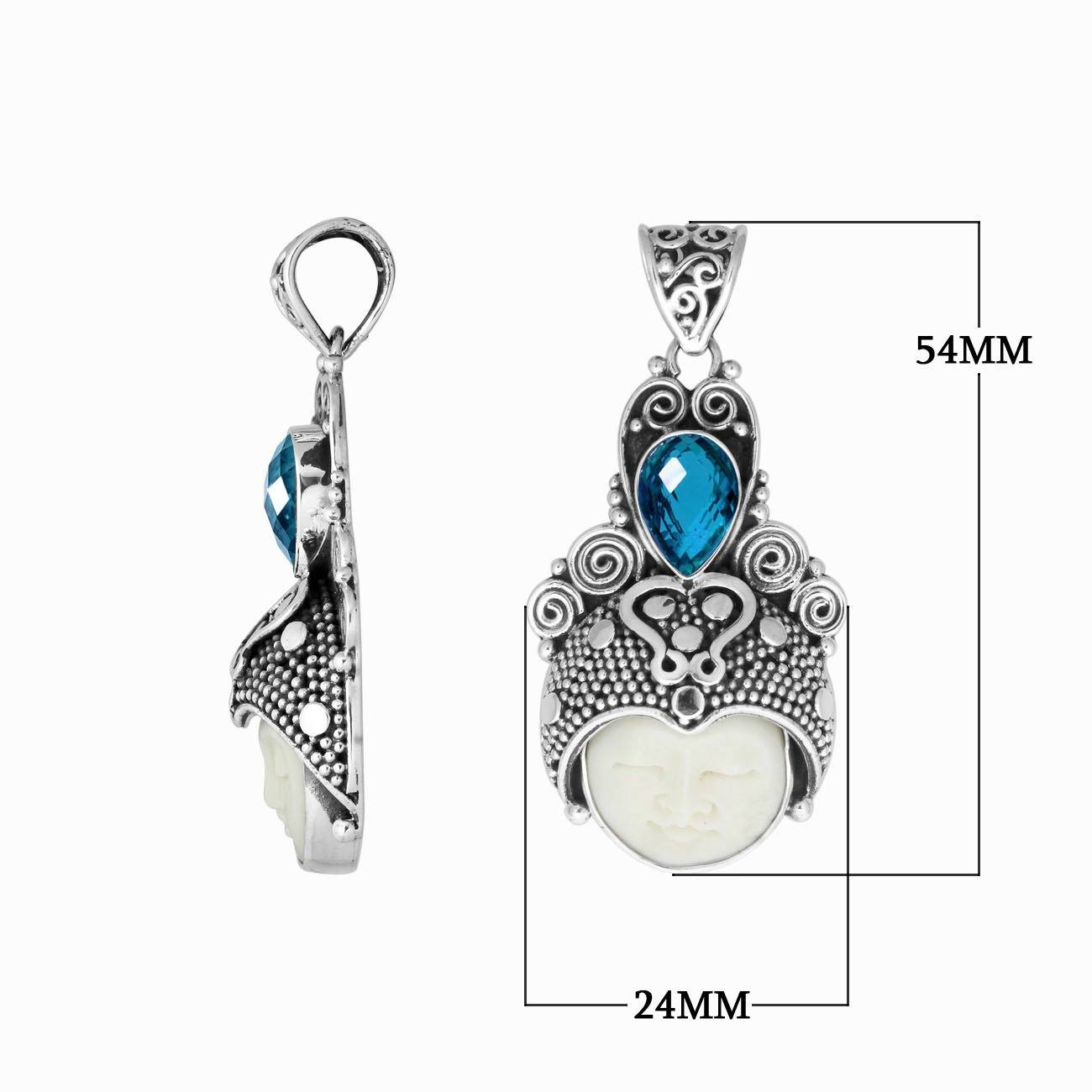 Wholesale bone face pendant with blue topaz quartz in sterling silver, handcrafted in Bali.