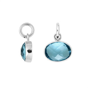 Sterling Silver oval pendant charm featuring faceted Blue Topaz Quartz stone