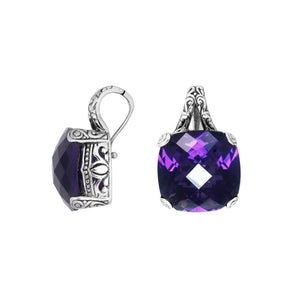 Sterling Silver cushion-cut Amethyst Quartz pendant with intricate filigree detailing