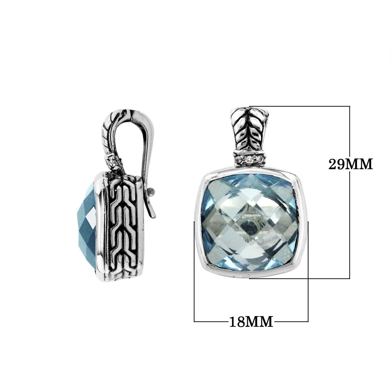 Sterling Silver pendant with cushion-cut Blue Topaz Quartz and Cubic Zirconia accents