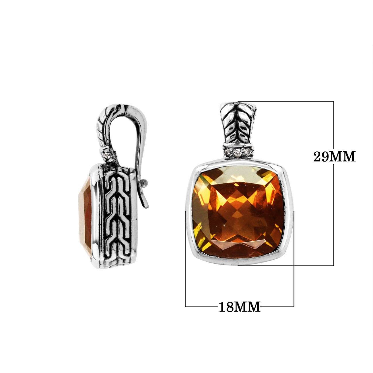 Sterling Silver cushion-cut Citrine Quartz pendant with Cubic Zirconia accents and engraved detailing