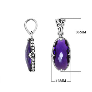 Sterling Silver oval-shaped Amethyst Quartz pendant with floral and scroll detailing