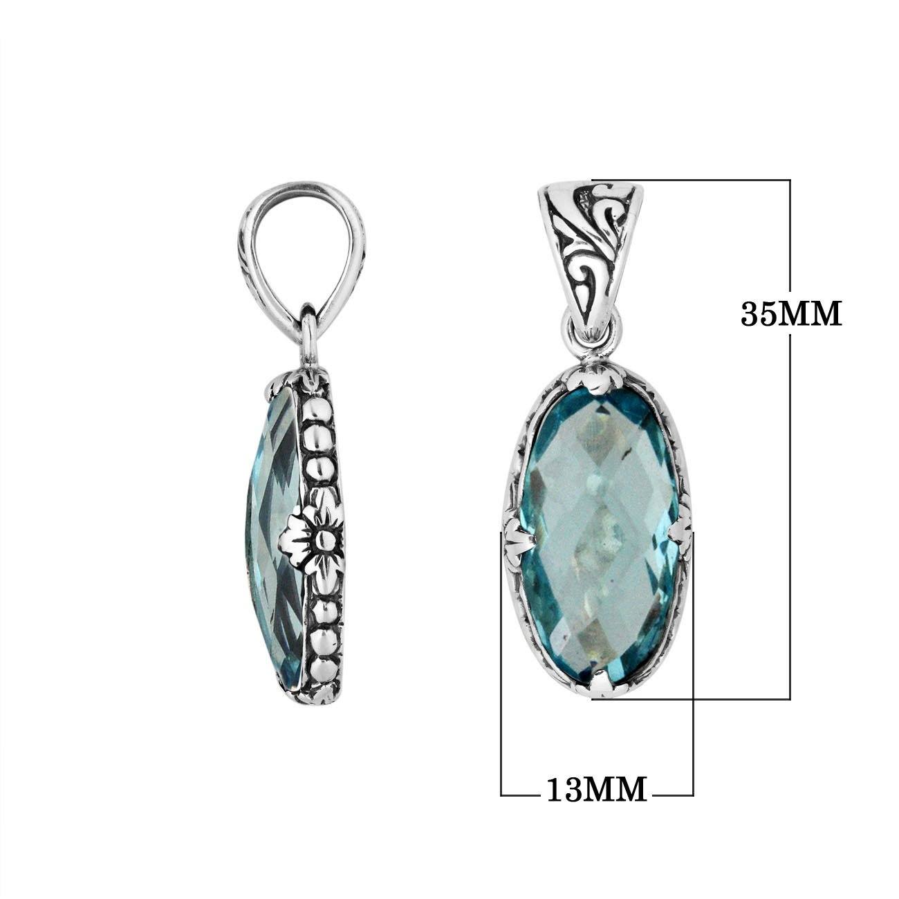 Sterling Silver oval-shaped Blue Topaz Quartz pendant with floral engravings