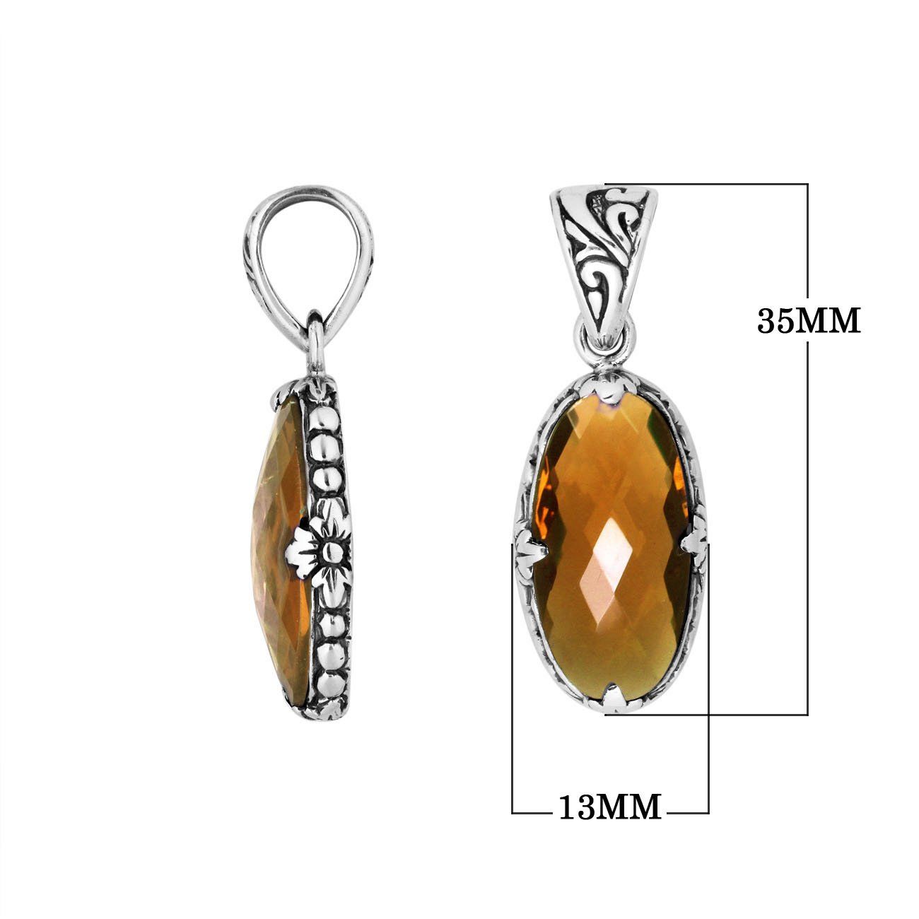 Sterling Silver oval-shaped Citrine Quartz pendant with floral engraved detailing