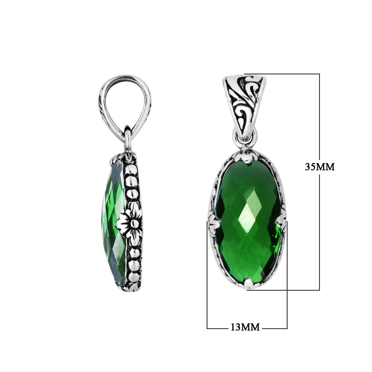 Sterling Silver oval-shaped Green Quartz pendant with floral engraved detailing